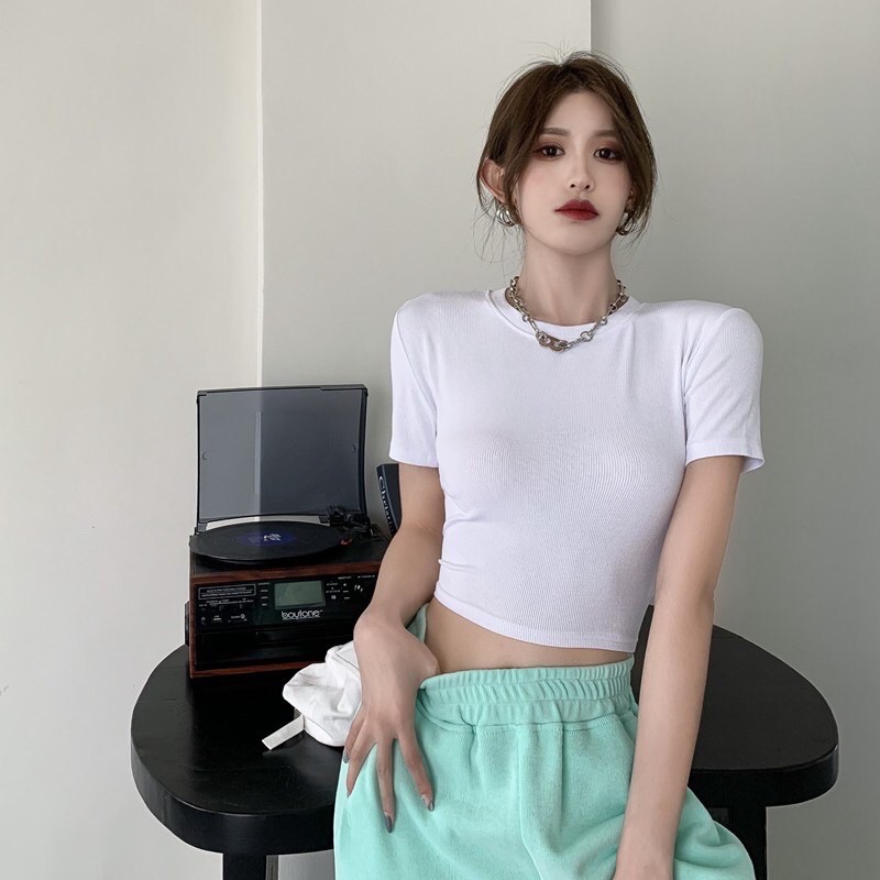 Áo thun cổ tròn tay ngắn croptop dáng ôm