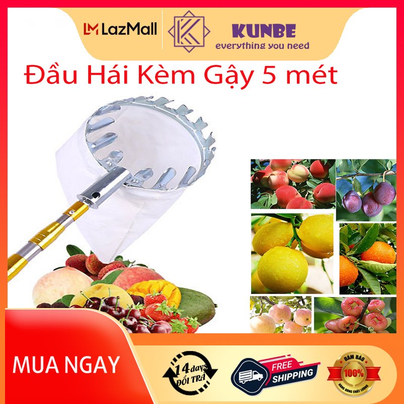 Dụng Cụ Hái Trái Cây Trên Cao Kèm Gậy 5M KUNBE Chuẩn Size 16 CM, Vợt Hái Quả Bằng Kim Loại Siêu Chắc Kèm Cán