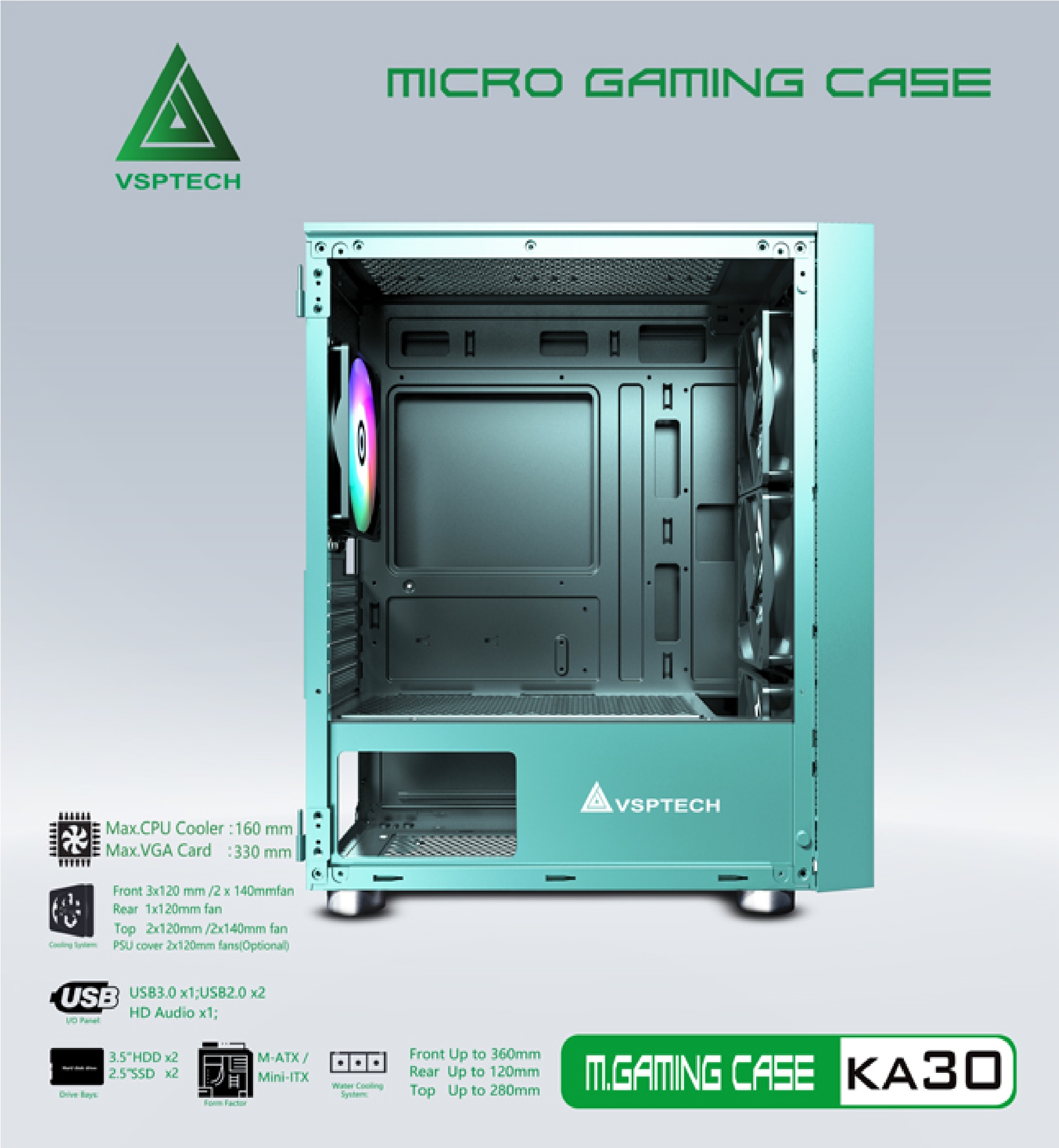 Case Gaming VSP KA30 Mini Tower (Xanh)