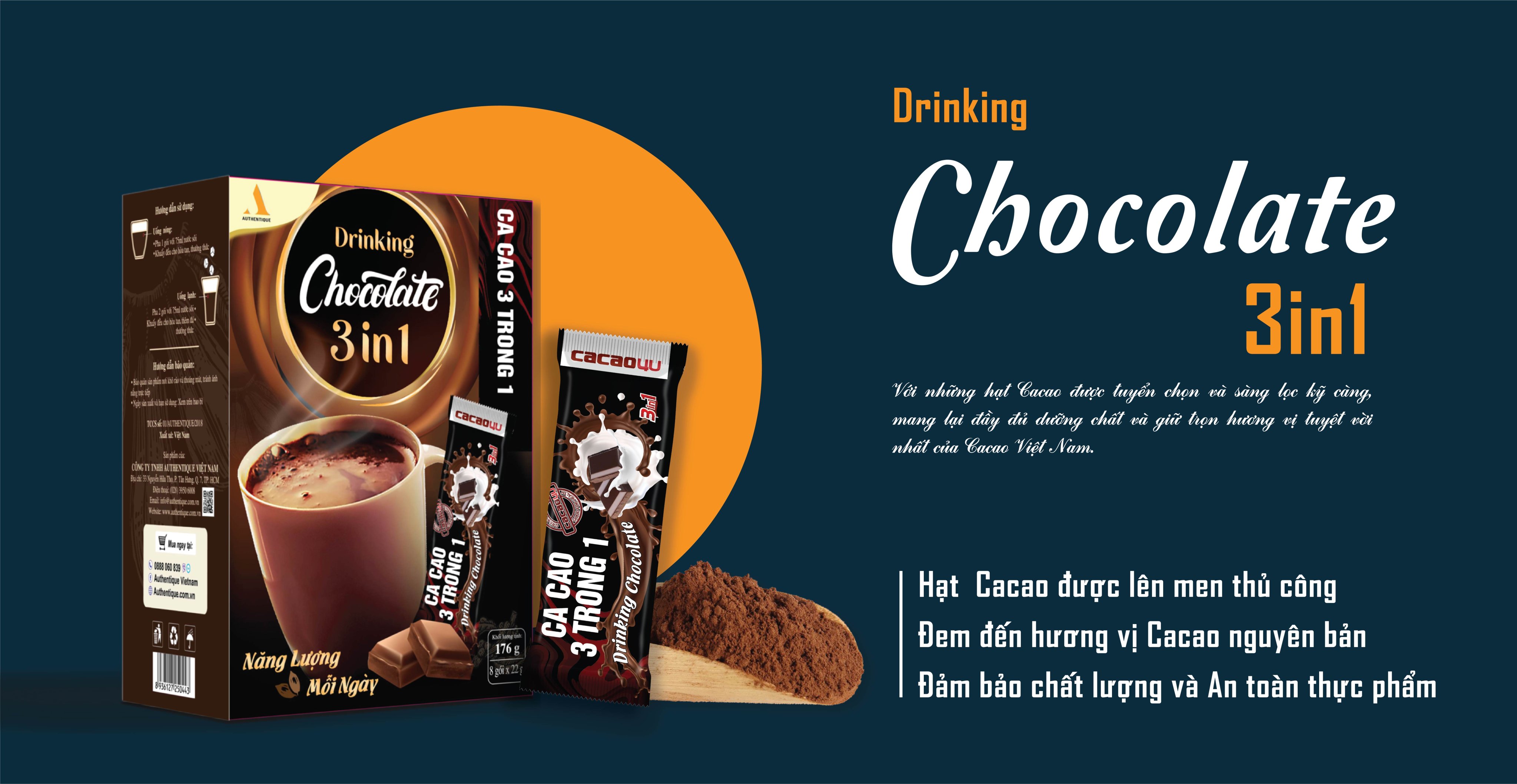 [GÓI LẺ DÙNG THỬ] Bột Cacao sữa Authentique hoà tan 3in1, Drinking Chocolate 22gr
