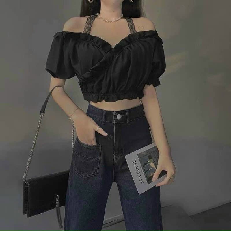 ÁO croptop nữ kiểu bệt vai kate phối ren