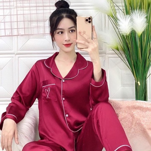 Đồ bộ pijama lụa satin quần dài tay dài màu đen