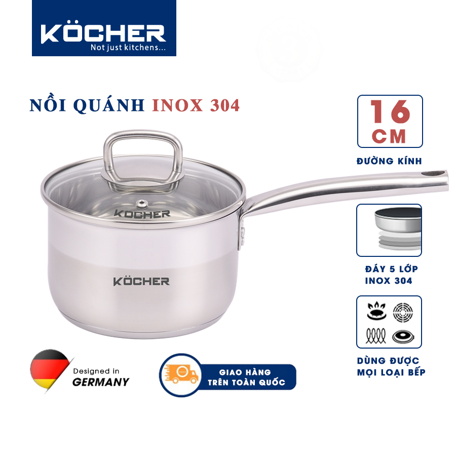 Quánh inox 304 nấu cháo cho bé 5 đáy cao cấp KOCHER size 16cm