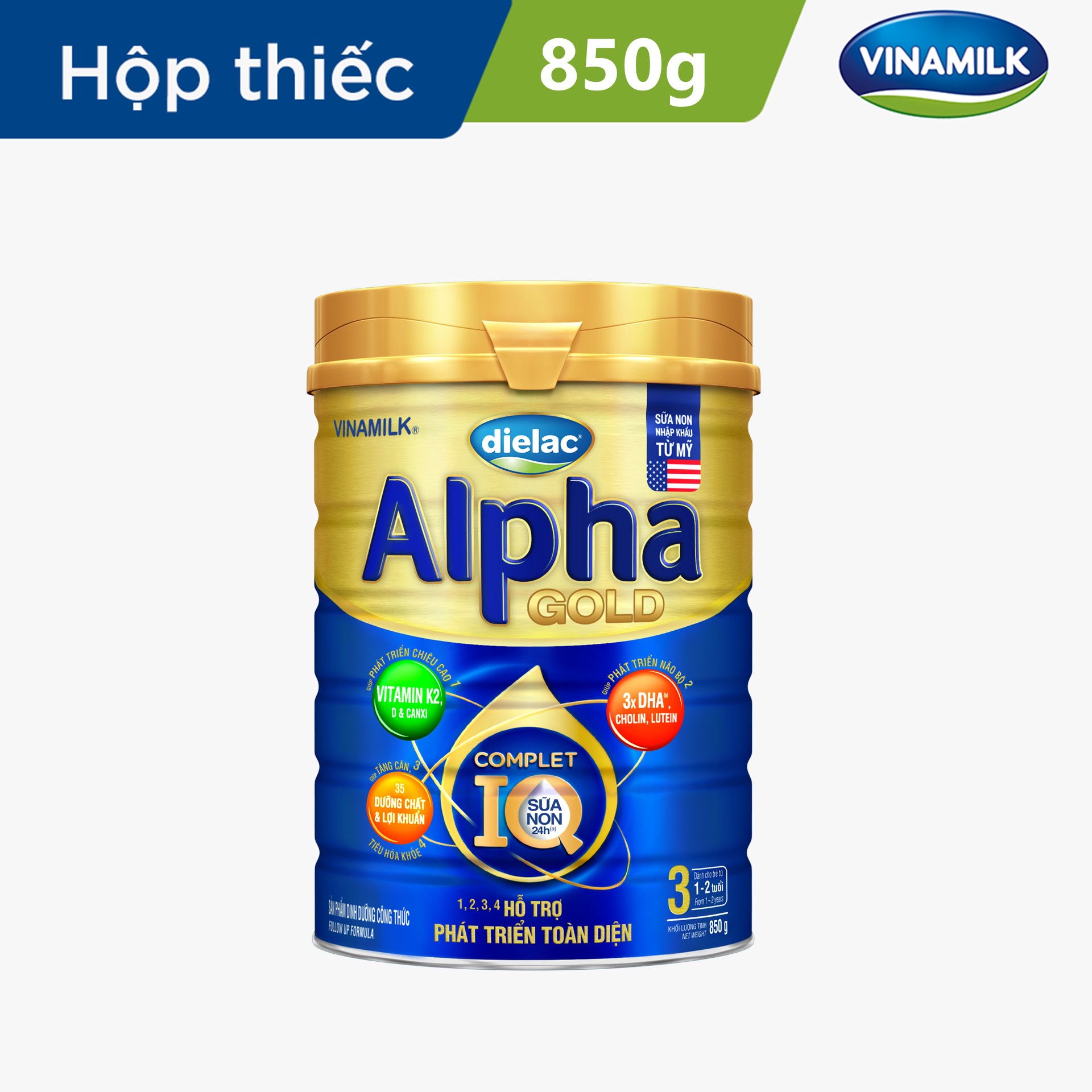 Sữa bột Vinamilk Dielac Alpha Gold 3 - Hộp thiếc 850g (cho trẻ từ 1 - 2 tuổi) - Sữa công thức hỗ trợ phát triển trí não của bé, tăng cân, chiều cao