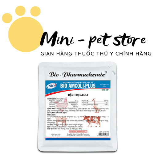 1kG   TIÊU CHẢY DO E.COLI, VIÊM PHỔI, VIÊM XOANG MŨI, VIÊM MÓNG, VIÊM KHỚP, VIÊM RỐN VÀ NHIỄM TRÙNG MÁU Ở HEO, BÒ, GÀ, VỊT, GIA SÚC, GIA CẦM   AMPICOLI - PLUS   THÚ Y BIO