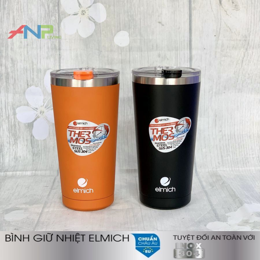 CỐC GIỮ NHIỆT ELMICH INOX 304 2243666 (Dung tích 580ml, Màu: Cam/Đen, Giữ nóng 8 tiếng lạnh 12 tiếng)