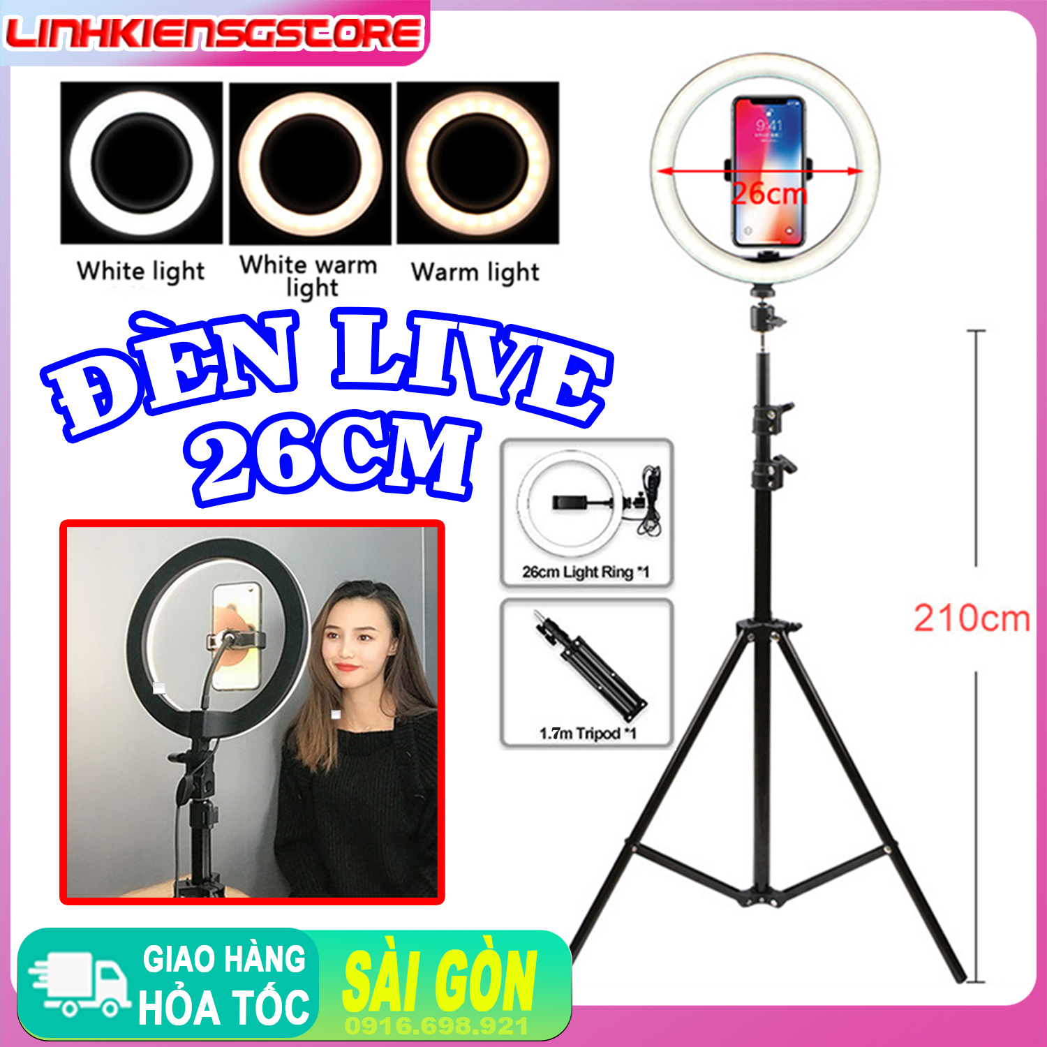 Đèn Led 26CM CHÂN 1.6M Live Stream ,livestream Hỗ trợ ánh sáng Chụp Ảnh, Make Up Trang Điểm, Chụp ảnh sản phẩm. 3 Chế Độ Sáng