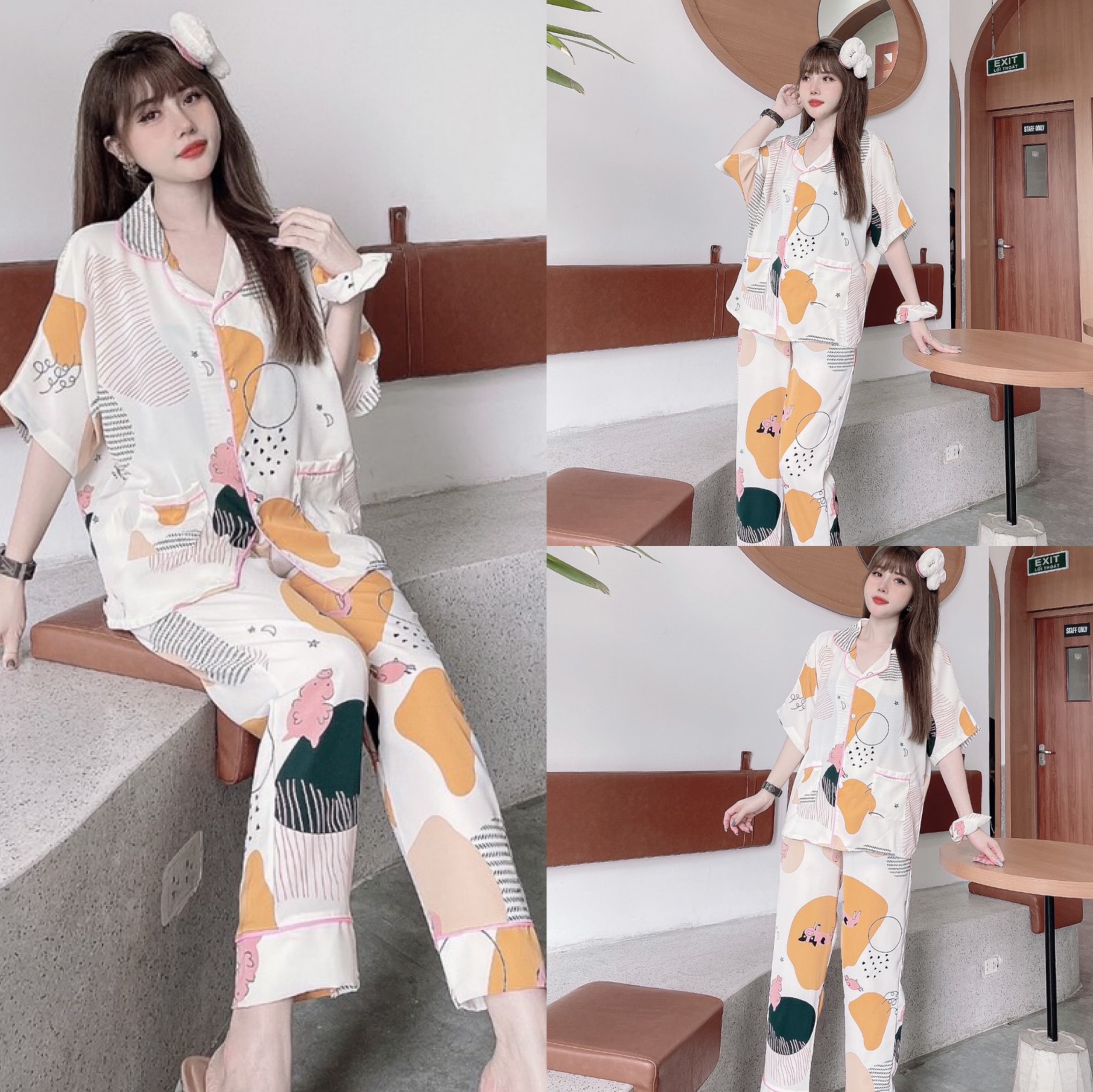[BỘ PIZAMA NỮ] Bộ Pijama Lụa Áo Cộc Quần Dài, Bộ Đồ Mặc Nhà Chất Lụa Mango Siêu Mềm