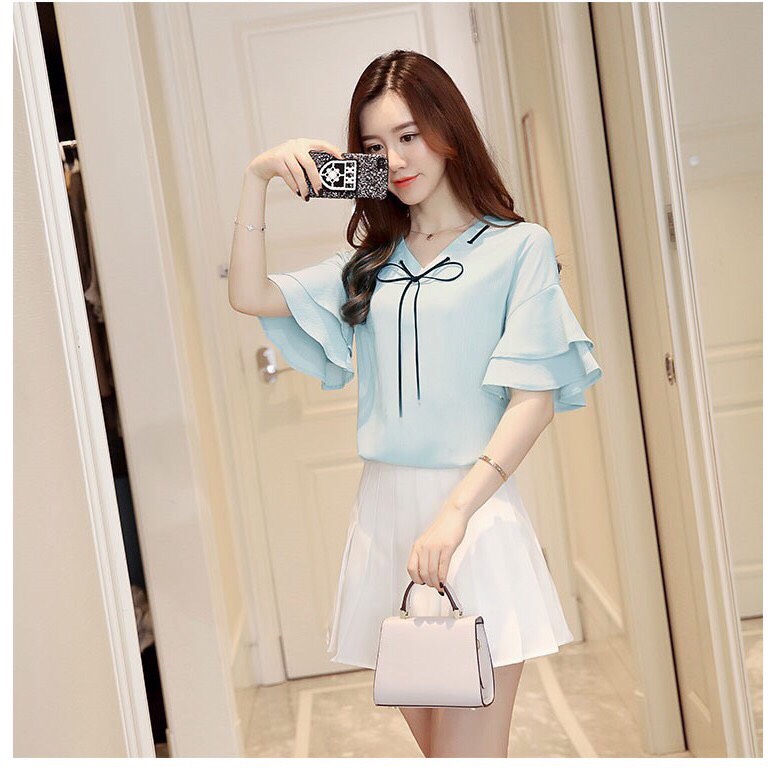 [HCM]Áo kiểu nữ - Áo nữ tay loe kèm nơ xinh xắnđủ sizeáo kiểu nữ đẹp