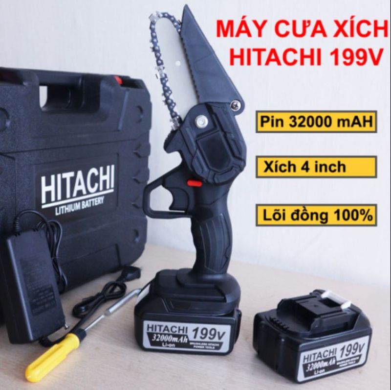 ( HÀNG CHÍNH HÃNG ) Máy cưa xích cầm tay Hitachi 199V dùng pin - Cưa xích chạy pin - Pin 10 cell - Cưa xích 4 inch - Công suất 800W - Lõi đồng 100% - Cắt tải cành cây tiện lợi ( BẢO HÀNH 12 THÁNG - 1 ĐỔI 1 )