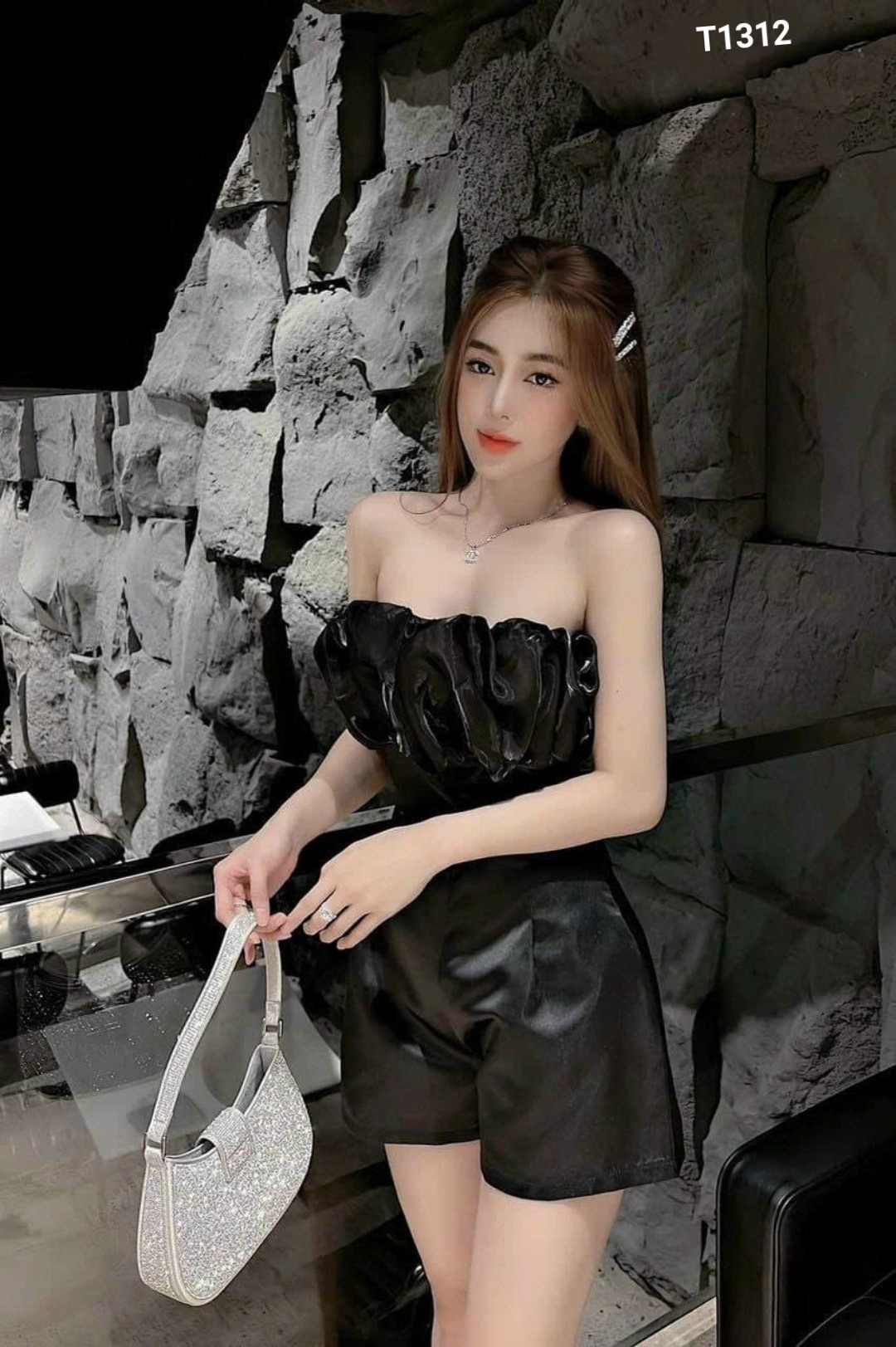Jumpsuit tapta trể vai cup ngực phối voan kiếng có mút ngực y hình đồ bộ liền thân T1312