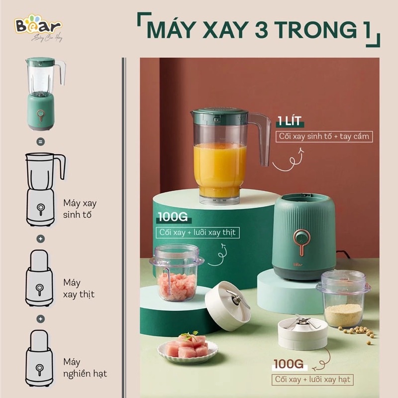 MÁY XAY BEAR 3 CỐI XANH ( BH 18 THÁNG)