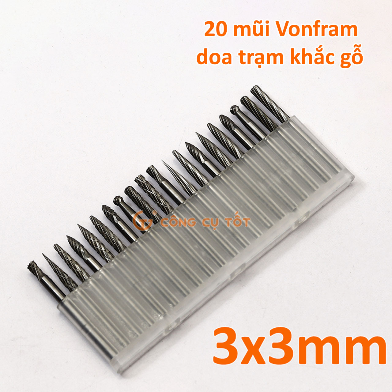 Bộ 20 mũi phay mài - trạm khắc gỗ vonfram trục cốt 3ly