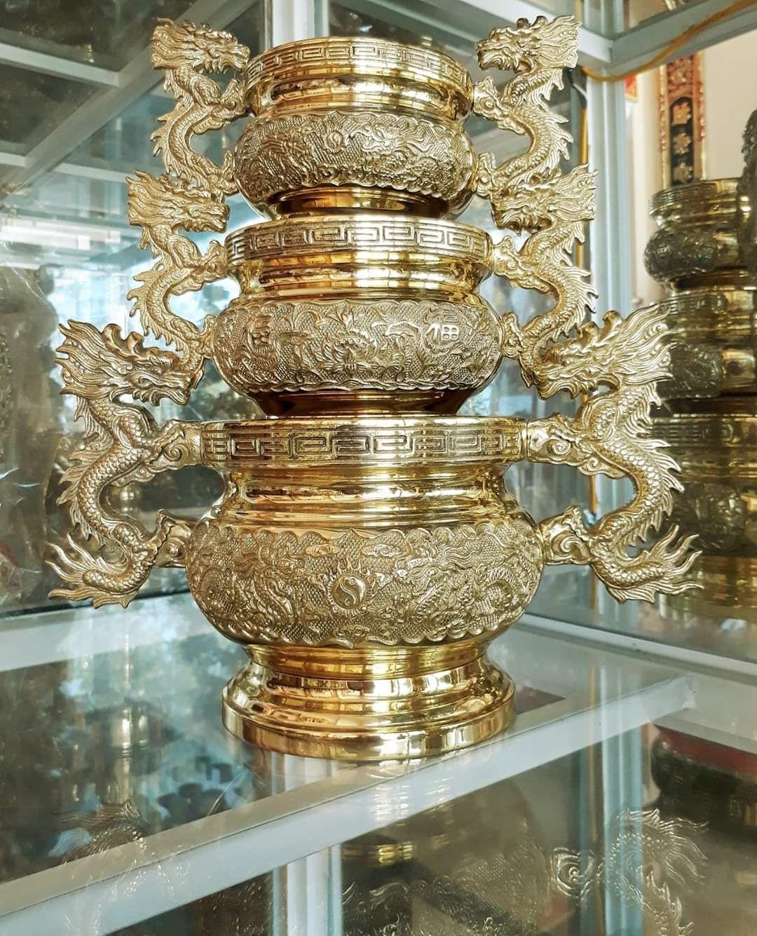Lư hương bát hương tai rồng đồng vàng 17cm