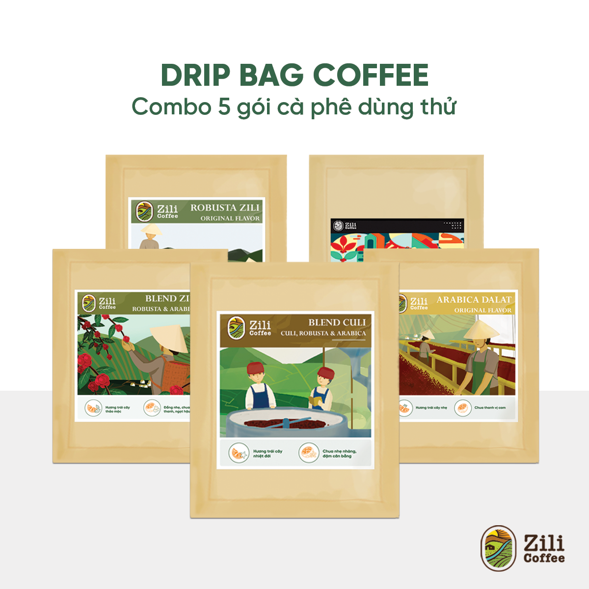 Drip Bag Coffee - Combo 5 gói cà phê dùng thử - Zili Coffee