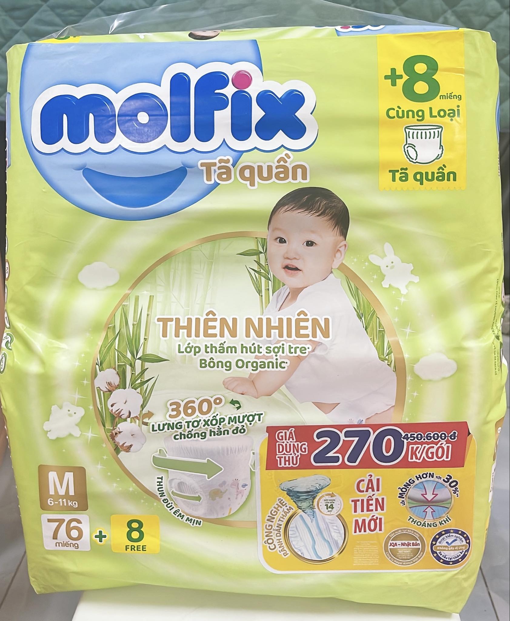 Bỉm tã quần Molfix size M 84 miếng (76+8 miếng, 6-11 Kg)