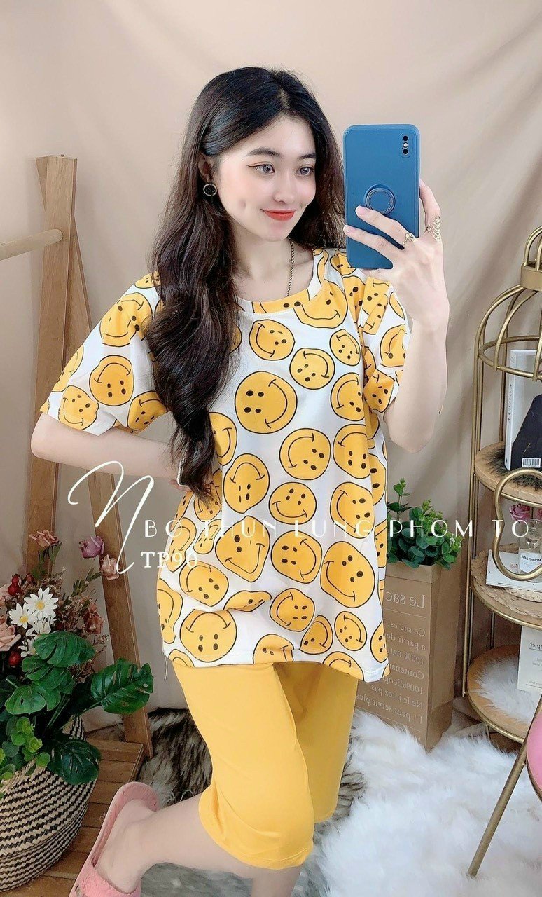 [CÓ SIZE LỚN] Set đồ lửng nữ thun cotton họa tiết mặt cười mới nhất