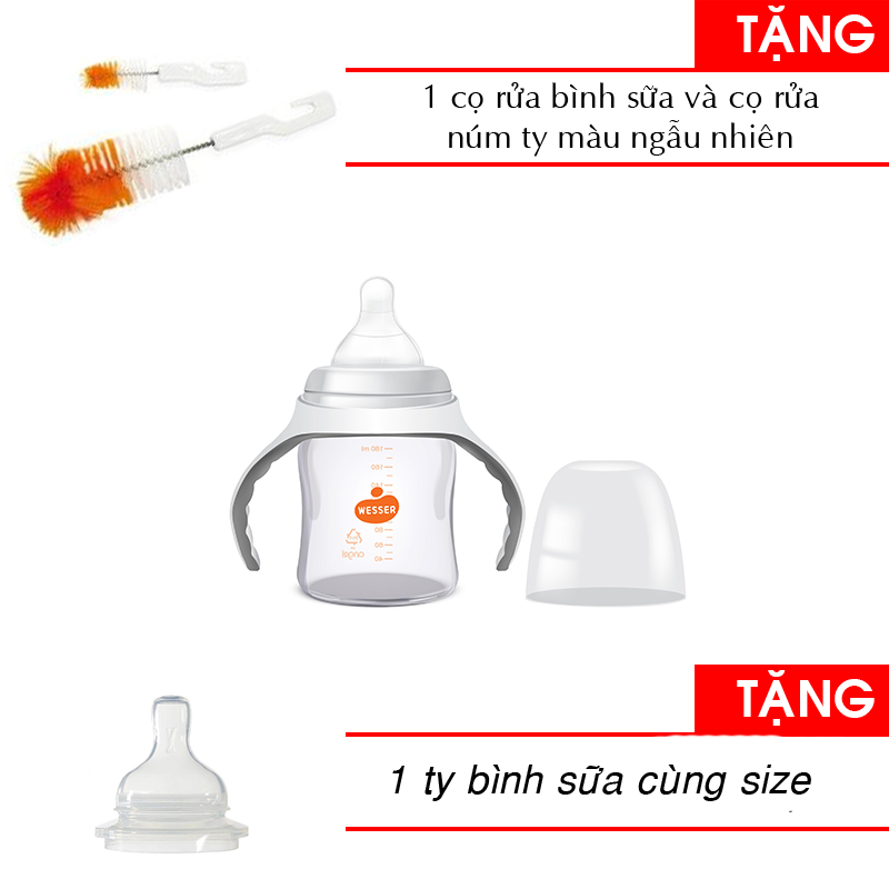 Bình sữa Wesser cổ rộng 180ml + 1 cọ rửa bình sữa tặng 1 ty binh sua cùng size