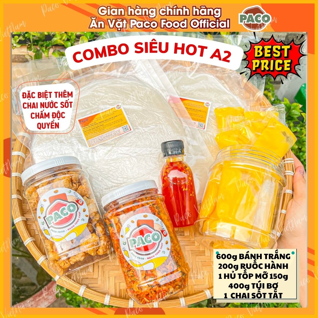 Combo siêu hot a2 paco food gồm 400g bơ phô mai 600g bánh tráng 1 hủ tốp mỡ mắm tỏi 1 hủ ruốc hành phi 200g tặng kèm 1 chai sốt tắc