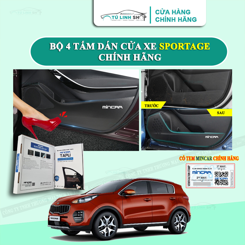 Bộ 4 Tấm dán Tapli xe SPORTAGE chính hãng MINCAR, chống xước tapi cửa ô tô bằng Carbon Air Fiber cao cấp