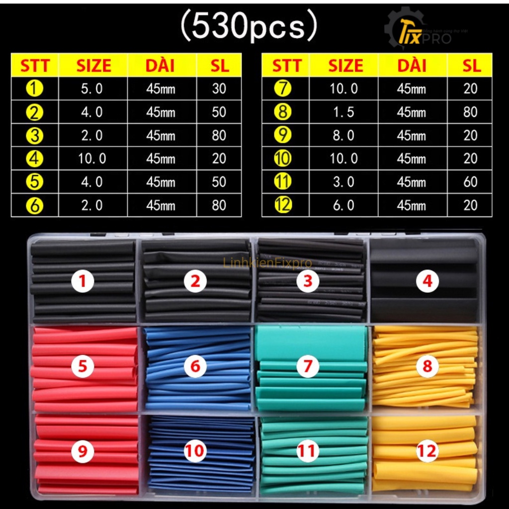 Hộp 530 ống gen co nhiệt nhiều màu