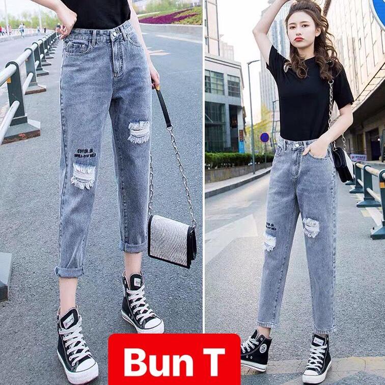 QUẦN BAGGY JEAN NỮ CHẤT BÒ XANH IN CHỮ RÁCH GỐI LƯNG CAO NÂNG MÔNG NHẬT BẢN HOKAIDO T&T-3051 - TRANGBUN FASHION