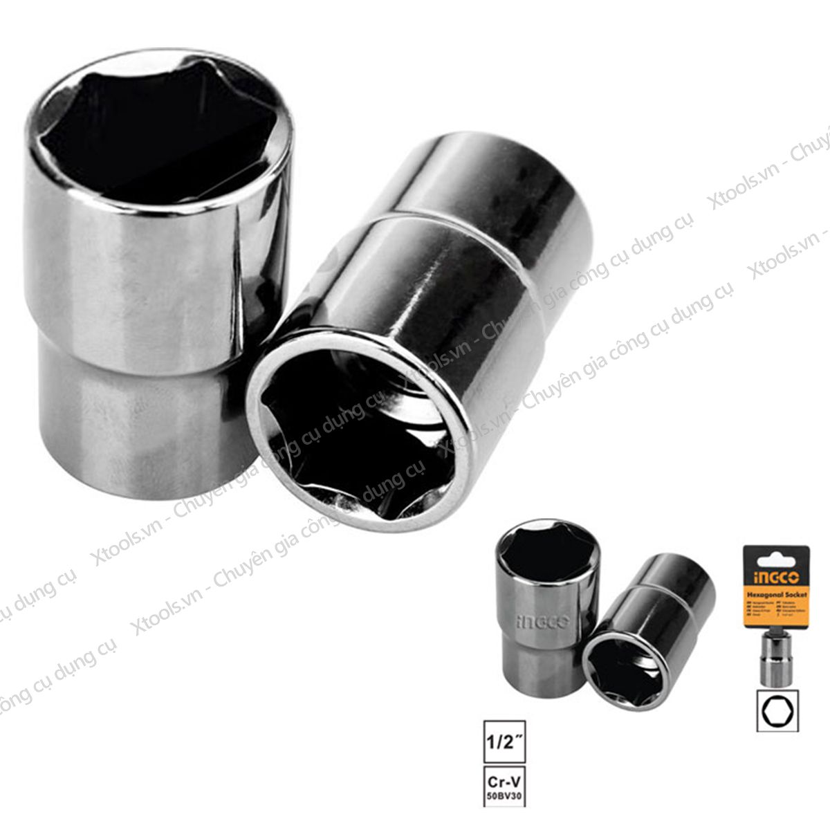 Đầu tuýp lục giác 1/2 inch đủ kích cỡ INGCO  đầu khẩu thép CrV siêu cứng chống rỉ sét mở bulong đai ốc, siết vít, đầu tiếp lục giác XTOOLs