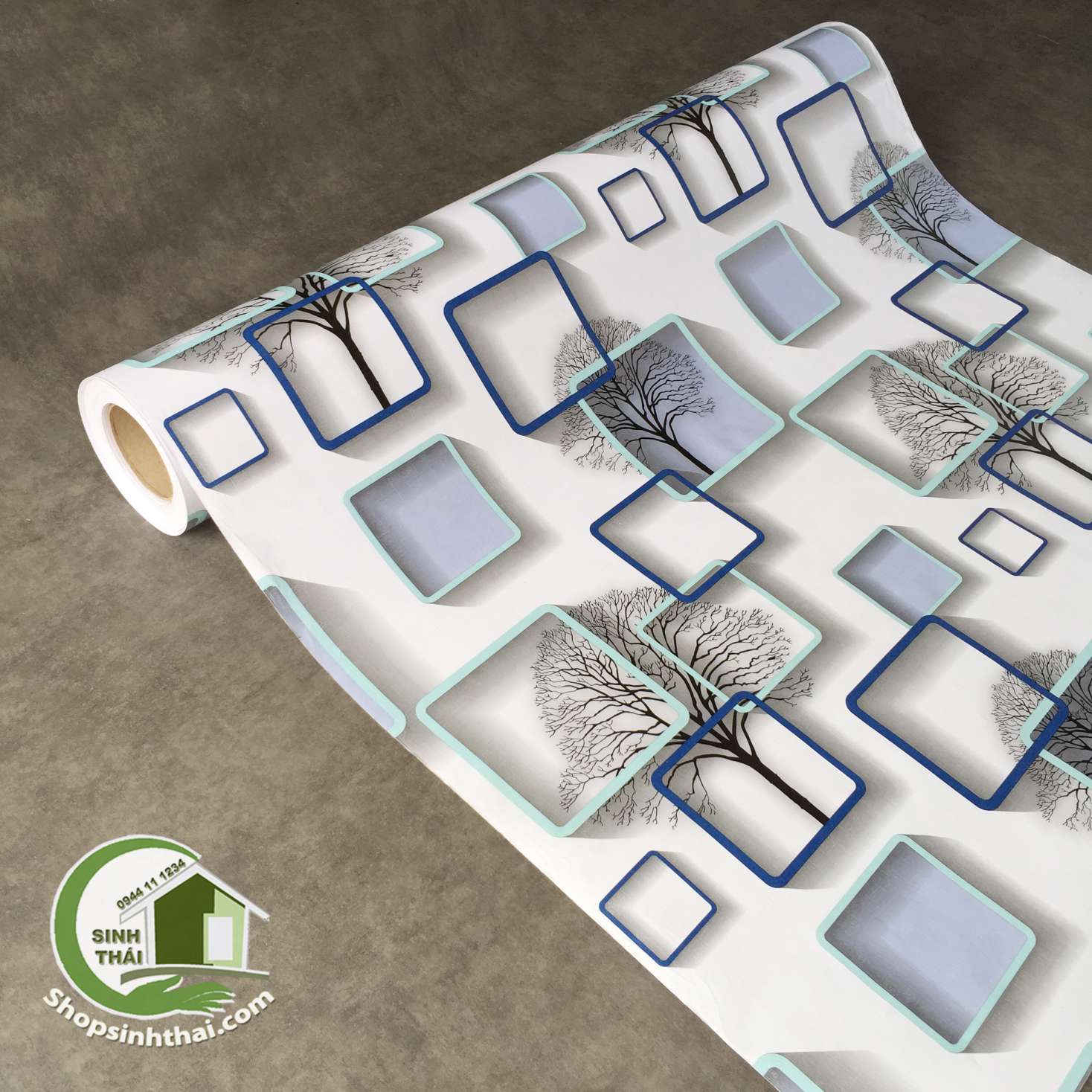 Giấy dán tường 3d nhiều ô vuông xám có cây khô - [ 50cm x khổ 90cm ] - có sẵn keo - bán theo mét, đặt 1 lần được nửa mét, cắt liền 1 tấm dài theo số lần đặt chứ không cắt rời từng tấm