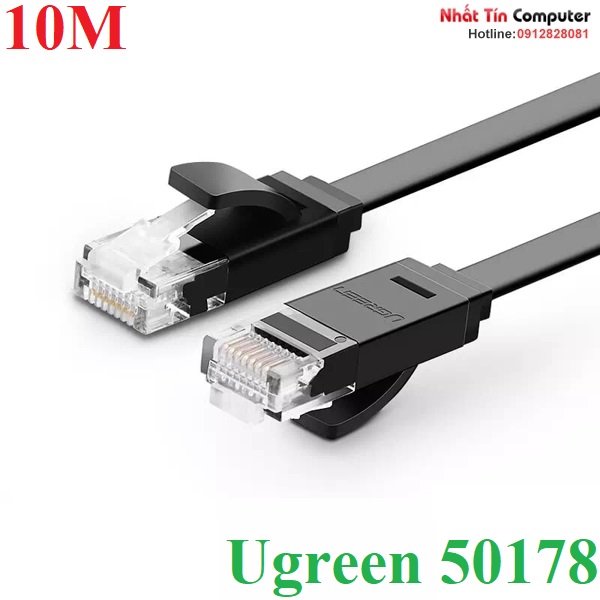 Dây cáp mạng đúc sẵn dẹt Cat6 dài 10m 26AWG Ugreen 50178 cao cấp (màu đen)
