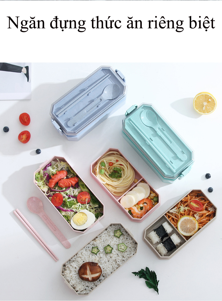 Hộp đựng cơm lúa mạch 2 tầng an toàn và tiện dụng