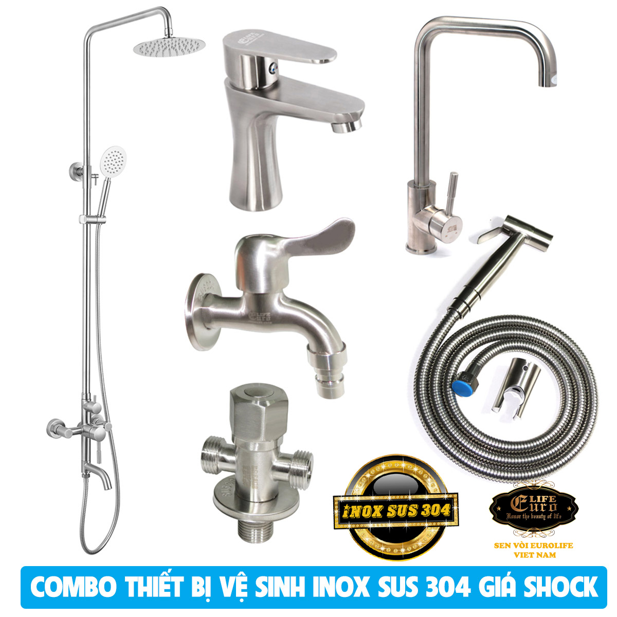 [Trả góp 0%] Combo tiện dụng bộ sản phẩm thiết bị vệ sinh 6 món đầy đủ cho phòng tắm chất liệu Inox SUS 304 không han rỉ thương hiệu Eurolife Combo S909 hàng chính hãng phân phối bảo hành 4 năm.
