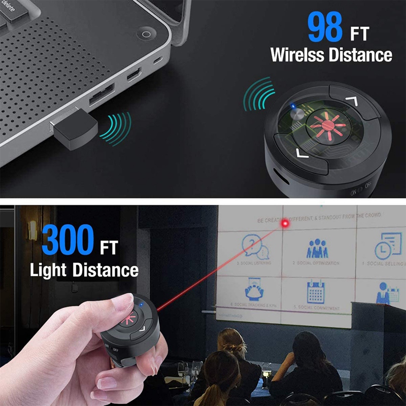 2.4GHz Rechargeable Wireless Presenter Finger Ring with Red Light USB Presentation Clicker for PC PowerPoint PPT