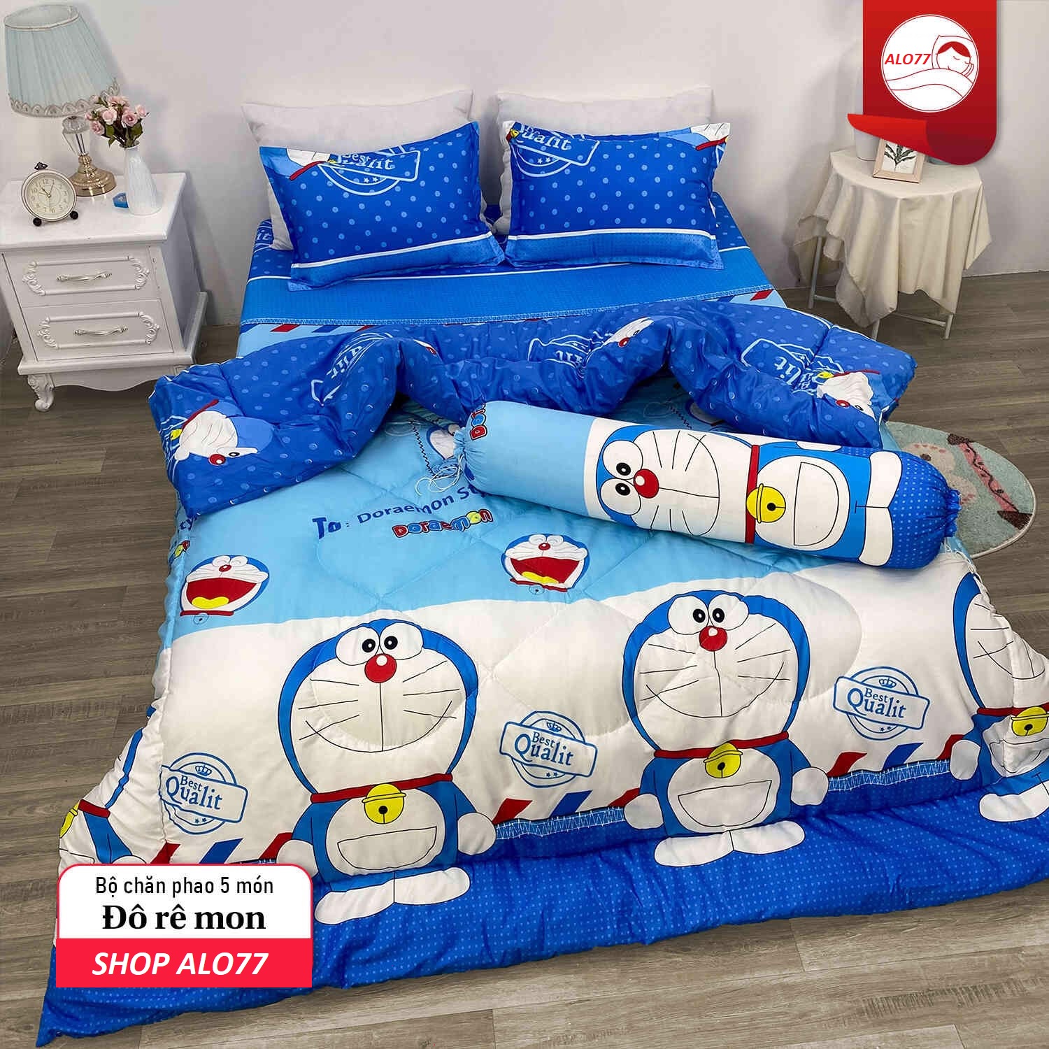 Bộ chăn hè trần bông ga gối 5 món poly cotton 1m6x2m mẫu mới hoạt hình doremon - bộ ga 5 món - bộ chăn ga doremon - bộ ra hoạt hình - bộ chăn ga hoạt hình