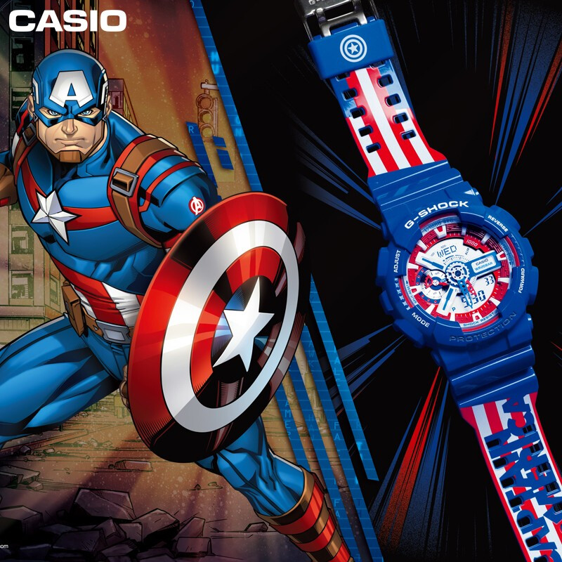 Đồng hồ G Shock Avengers Marvel Captain America Nam GA-110CAPTAIN-2PR chính hãng chống va đập, chống nước   Đồng hồ đeo tay thể thao kỹ thuật số cho nam - Bảo hành 2 năm - Pin trọn đời