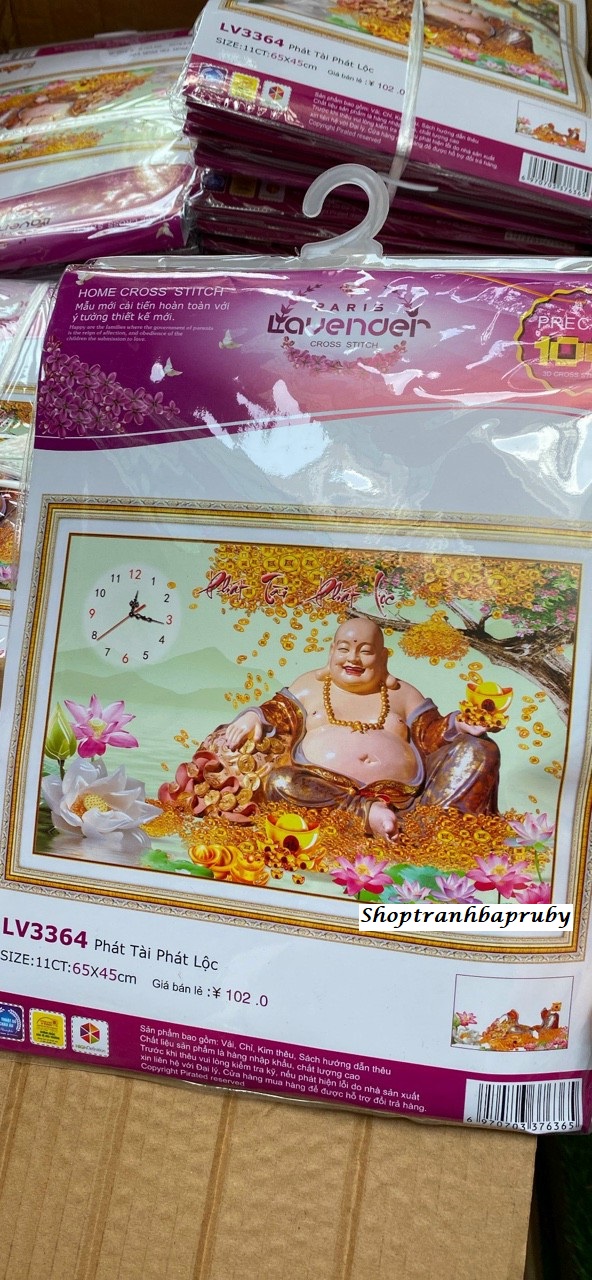 Tranh thêu đồng hồ phát tài phát lộc hoa sen lv3364 kích thước 65 x 45 cm