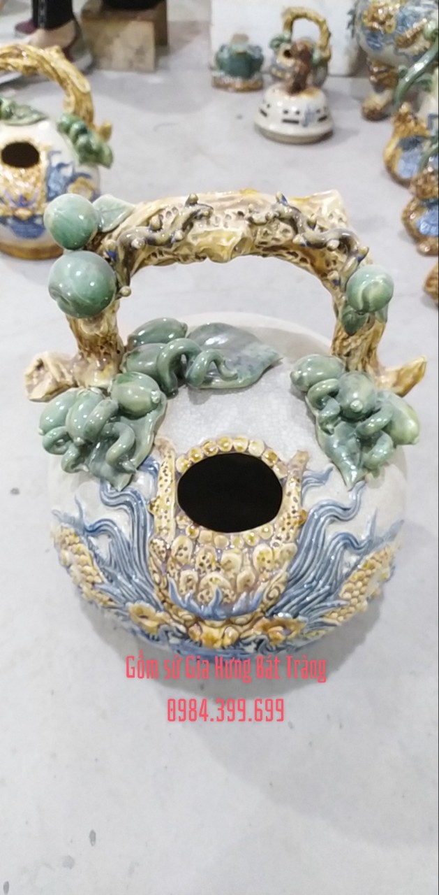 Bình vôi men rạn đắp trầu cau gốm Bát Tràng H22100