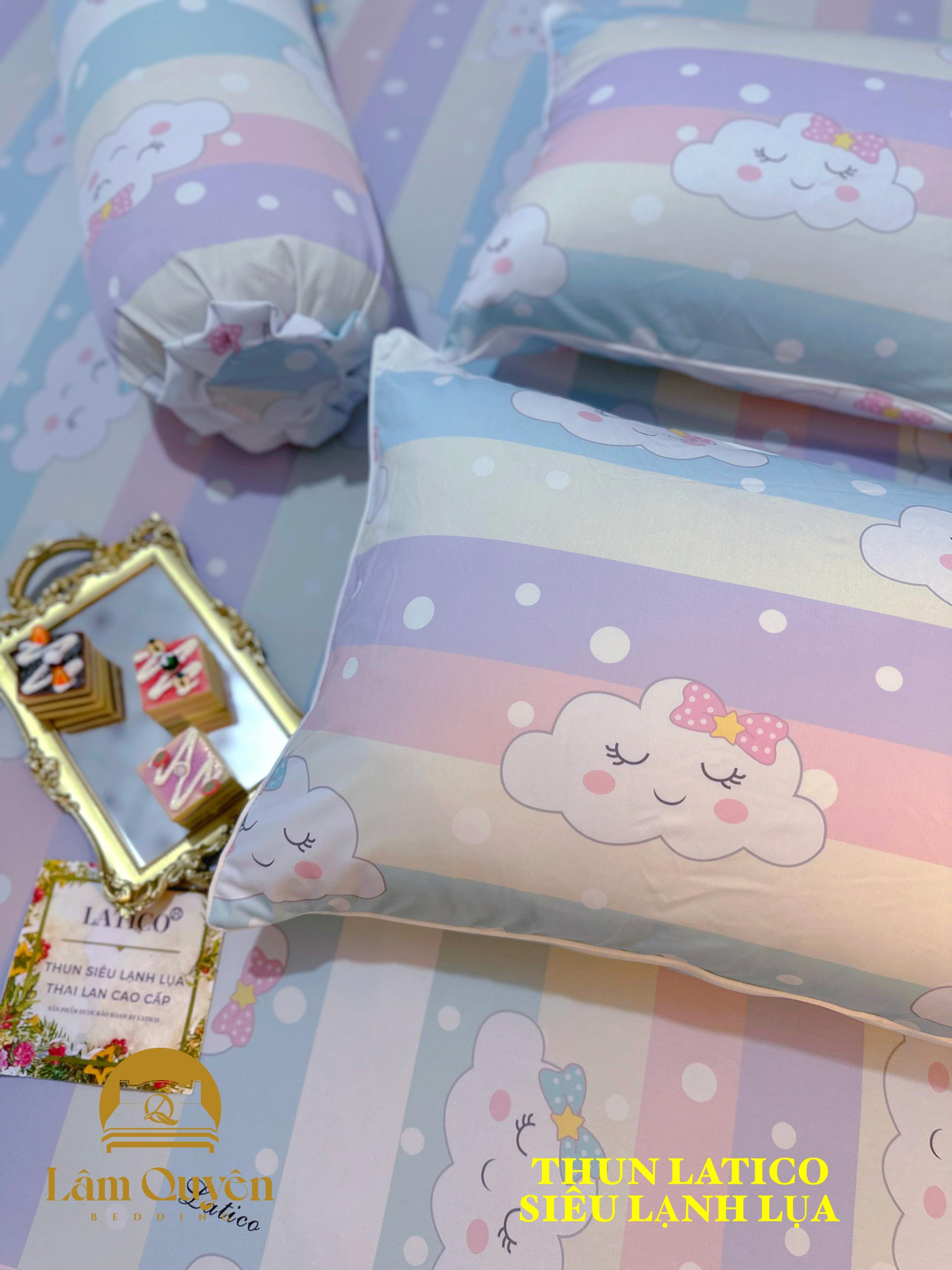 Bộ ga giường thun Latico siêu lạnh Lụa (áo gối ôm khóa kéo) mẫu Mây cầu vồng