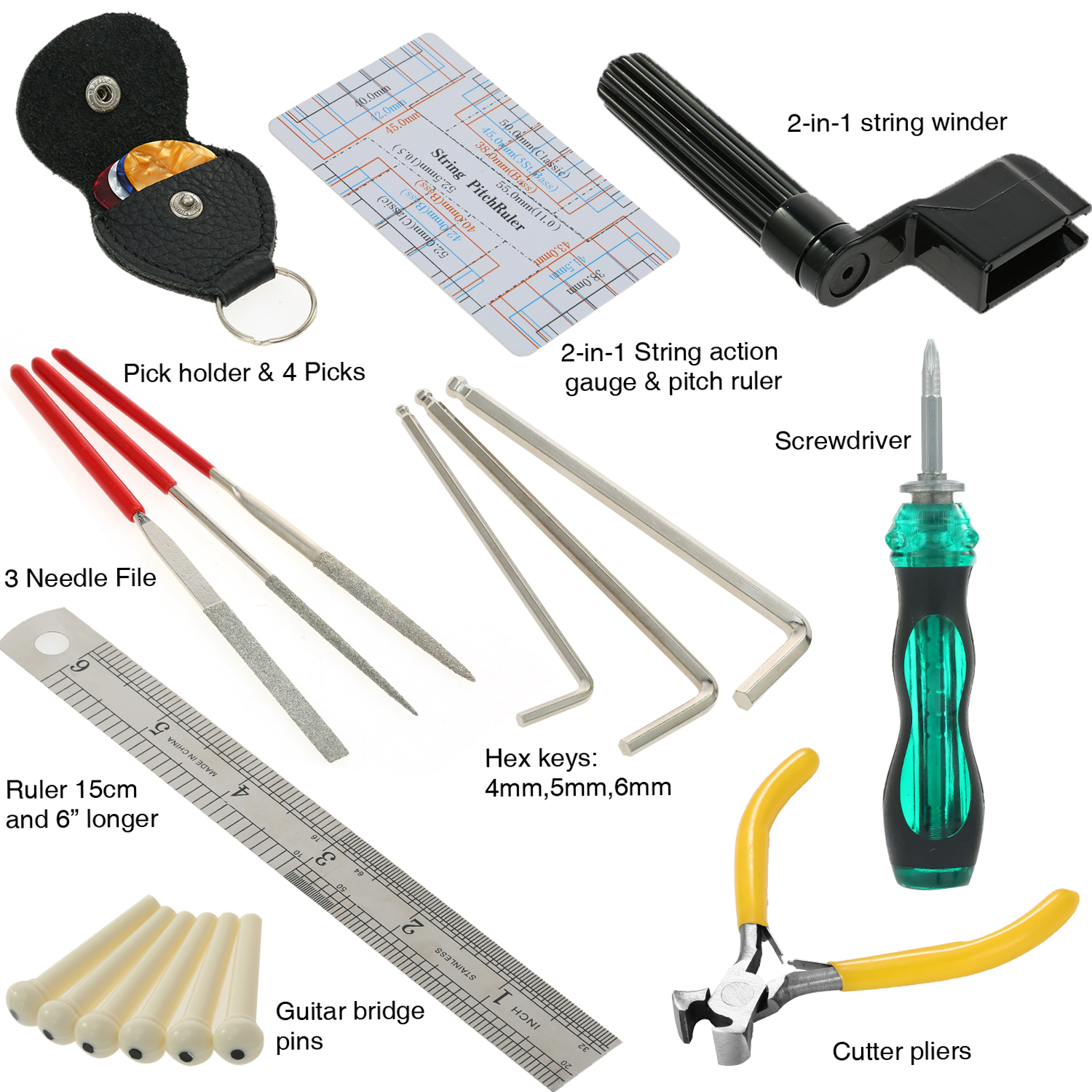 Guitar Repairing Maintenance Cleaning Tool Kit Includes String Action Ruler & Gauge Measuring Tool & Hex Wrench Set & Files & String Winder & String Cutter & Bridge Pins & Picks & Picks Bag for Guitar Ukulele Bass Mandolin Banjo