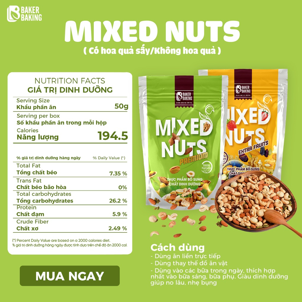 Hạt Ăn Liền MIXED NUTS PREMIUM Baker Baking Hạt dẻ, Hạnh Nhân, Óc Chó, Điều, Hạt Bí