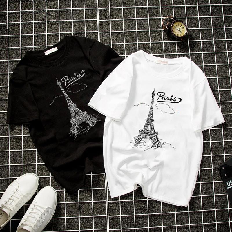 Áo thun unisex Hàn Quốc in hình Paris vải dày mịn DEALT958