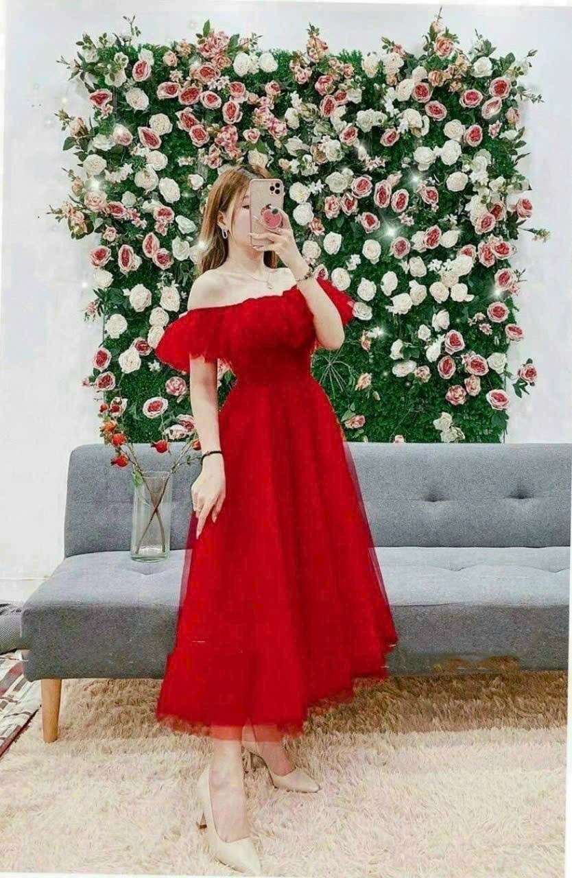 Đầm lưới trễ vai 2 màu trắng đỏ