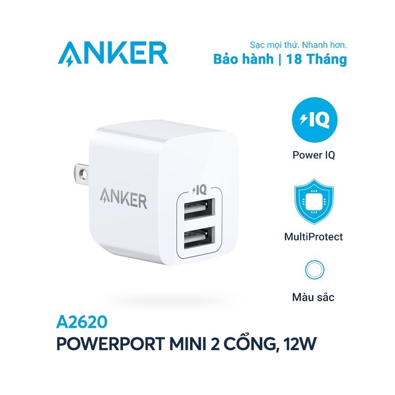 Cốc Sạc Nhanh ANKER PowerPort Mini 2 cổng PowerIQ 12W a2620 , Thiết kế thông minh, Nhỏ gọn, fullbox