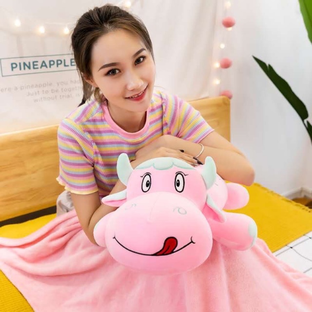 Bộ Chăn Gối Văn Phòng 3in1 Hình Thú - Trâu Hồng Phấn