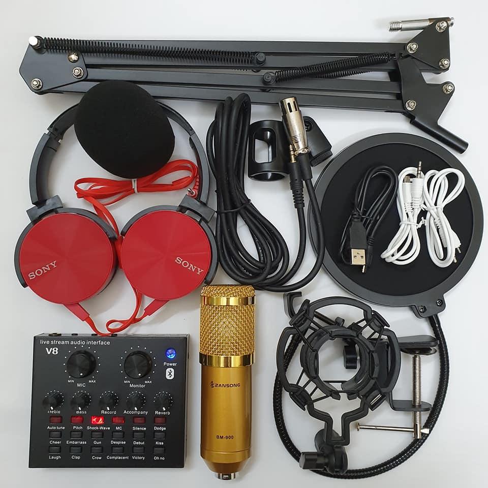 [HCM](TẶNG TAI NGHE) Combo Bộ Míc Thu Âm Livestream Hát Karaoke Online Micro BM-900+ SOUND CARD V8+ dây live + đầy đủ phụ kiện Bộ thu âm Live Stream BM-900 Bộ Mic Thu Âm Bán Chạy Nhất