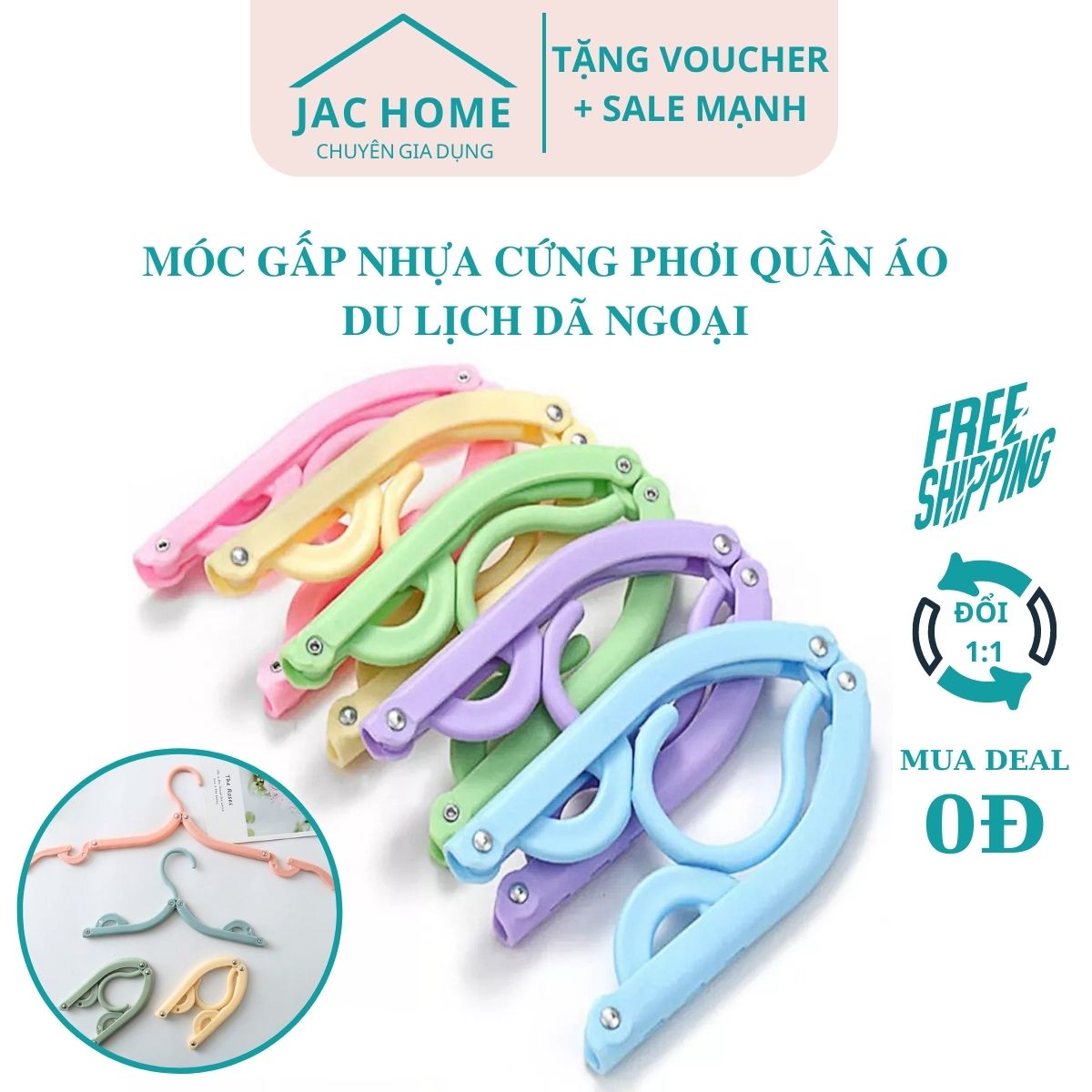 Combo 5 móc nhựa cứng treo quần áo đa năng gấp gọn JacHome