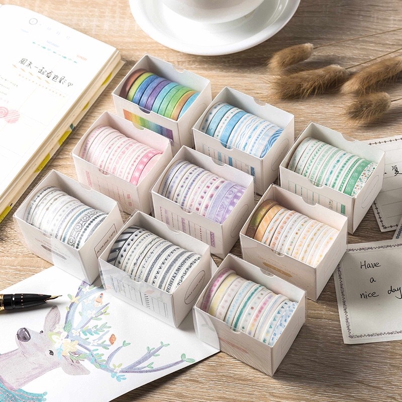 Hộp 10 cuộn Washi tape viền trang trí sổ tay vintage Canarystore54