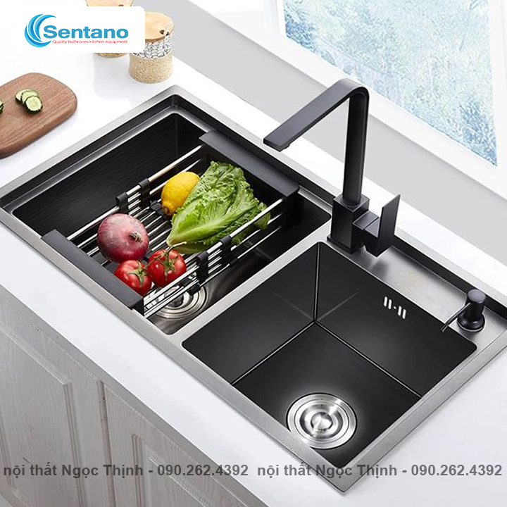 [SALE RẺ][HÀNG DÀY ĐẸP] COMBO Chậu rửa chén NANO ĐEN 2 hố LỆCH SENTANO 82x45cm phủ nano đen chống trầy