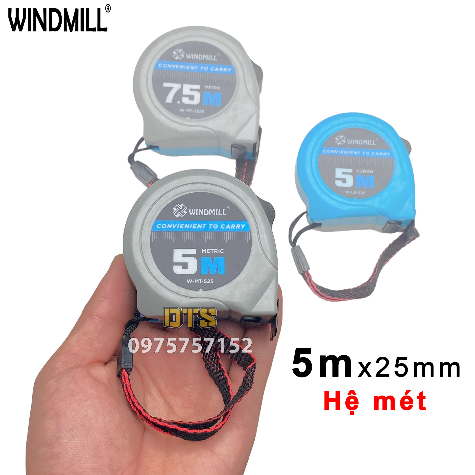 Thước rút - Thước cuộn thép WINDMILL 5m 7.5m | Thước kéo hệ mét, lỗ ban bản to 25mm vỏ ABS chống va đập, số sắc nét, thước mét, dụng cụ đo lường mức độ
