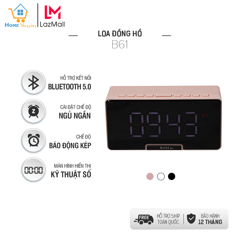 Loa bluetooth đồng hồ B61, Hẹn giờ báo thức,hỗ trợ nghe nhạc qua thẻ nhớ, dây cáp AUX, bluetooth 5.0, hàng chính hãng, bảo hành 12 tháng, đổi trả 7 ngày nếu lỗi sản phẩm