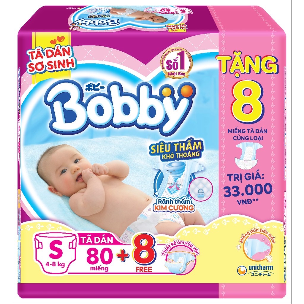 [Tặng thêm 8 miếng] Tã Dán Bobby Sơ Sinh Siêu Thấm S80 (80 Miếng)